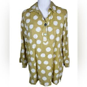 Lior Paris Funky Chartreuse Green Polka Dot Roll Tab 3/4 Sleeve Button Front Top